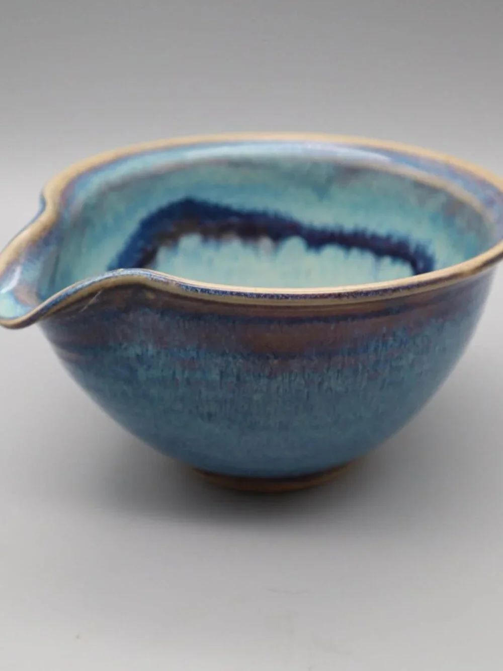 Small Studio Art Pottery Mixing Batter Bowl w/ Spout Blue Drip Glaze Signed AD